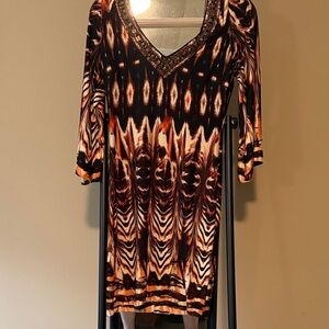 Brown and Orange Patterned Midi Dress